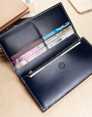 Handmade women long leather wallet beige vintage brown black green blue - EverHandmade