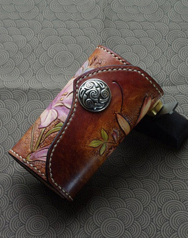 Handmade key wallet leather vintage hand painting lily flower leather