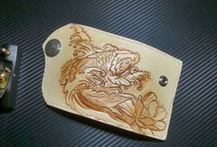 Handmade key wallet vintage carved flower&Cryprinus carpiod leather keys wallet for women/men