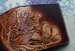 Handmade men wallet vintage flower&Cryprinus carpiod leather billfold wallet for women/men - EverHandmade
