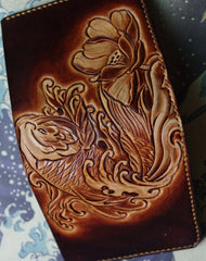 Handmade men wallet vintage flower&Cryprinus carpiod leather billfold wallet for women/men