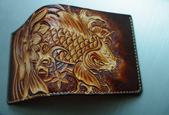 Handmade men wallet vintage hand carved flower&Cryprinus carpiod leather billfold wallet for men - EverHandmade