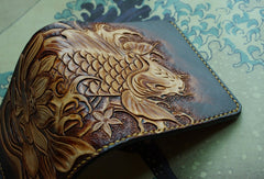 Handmade men wallet vintage hand carved flower&Cryprinus carpiod leather billfold wallet for men - EverHandmade