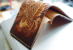 Handmade men wallet vintage hand carved flower&Cryprinus carpiod leather billfold wallet for men - EverHandmade