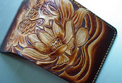 Handmade men wallet vintage hand carved flower&Cryprinus carpiod leather billfold wallet for men