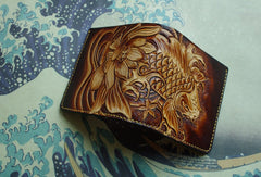 Handmade men wallet vintage hand carved flower&Cryprinus carpiod leather billfold wallet for men - EverHandmade