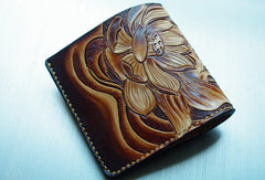 Handmade men wallet vintage hand carved flower&Cryprinus carpiod leather billfold wallet for men