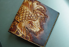 Handmade men wallet vintage hand carved flower&Cryprinus carpiod leather billfold wallet for men - EverHandmade