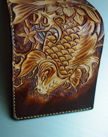 Handmade men wallet vintage hand carved flower&Cryprinus carpiod leather billfold wallet for men - EverHandmade