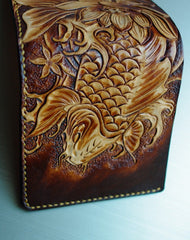 Handmade men wallet vintage hand carved flower&Cryprinus carpiod leather billfold wallet for men - EverHandmade