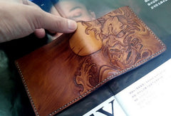 Handmade men wallet vintage hand carved prajna ghost leather billfold wallet for men - EverHandmade