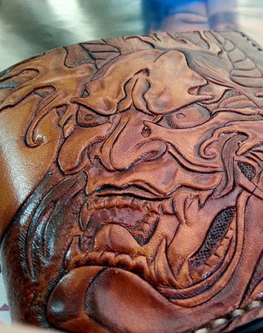 Handmade men wallet vintage hand carved prajna ghost leather billfold wallet for men - EverHandmade