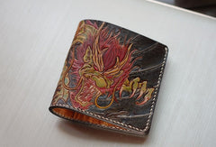 Handmade men wallet vintage hand carved Azure Dragon leather billfold wallet for men