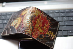 Handmade men wallet vintage hand carved Azure Dragon leather billfold wallet for men - EverHandmade