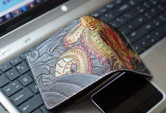 Handmade men wallet vintage hand carved Azure Dragon leather billfold wallet for men - EverHandmade
