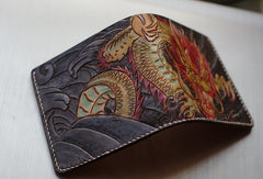 Handmade men wallet vintage hand carved Azure Dragon leather billfold wallet for men - EverHandmade