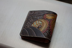 Handmade men wallet vintage hand carved Azure Dragon leather billfold wallet for men - EverHandmade