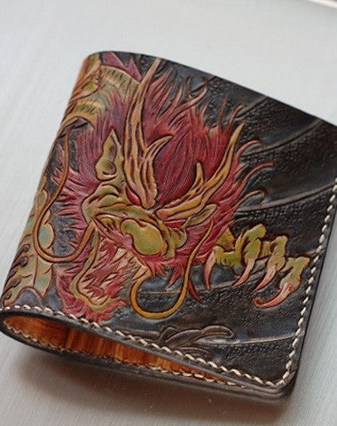 Handmade men wallet vintage hand carved Azure Dragon leather billfold wallet for men