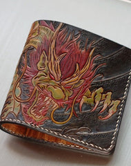 Handmade men wallet vintage hand carved Azure Dragon leather billfold wallet for men - EverHandmade