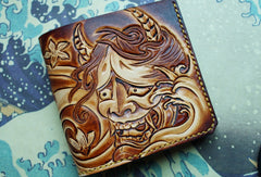 Handmade men wallet vintage hand carved prajna ghost leather billfold wallet for men