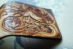 Handmade men wallet vintage hand carved prajna ghost leather billfold wallet for men