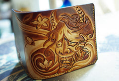 Handmade men wallet vintage hand carved prajna ghost leather billfold wallet for men