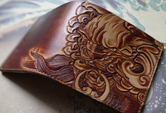 Handmade men wallet vintage hand painting chinese lion leather billfold wallet for men