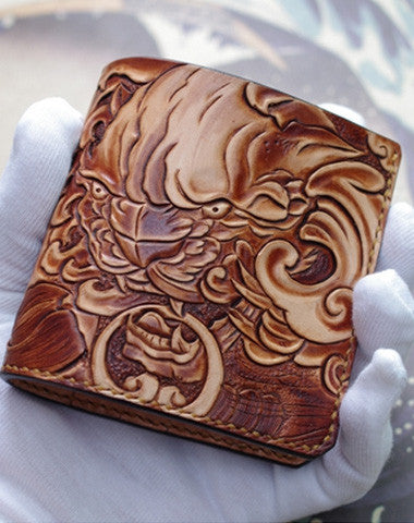 Handmade men wallet vintage hand painting chinese lion leather billfold wallet for men - EverHandmade