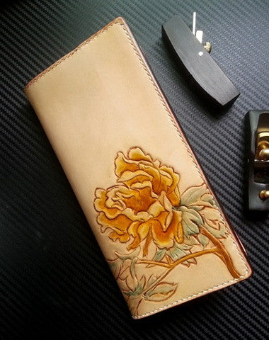 Handmade women leather wallet vintage hand carved tree peony leather long wallet for women - EverHandmade