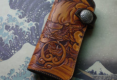 Handmade biker wallet vintage hand painting chinese lion leather biker wallet for men