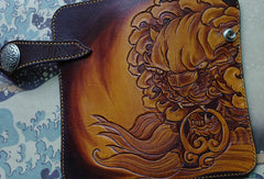 Handmade biker wallet vintage hand painting chinese lion leather biker wallet for men