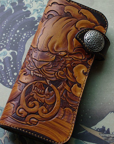 Handmade biker wallet vintage hand painting chinese lion leather biker wallet for men - EverHandmade