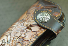 Handmade biker wallet vintage carved Ganesha&Cryprinus carpiod leather biker wallet for men