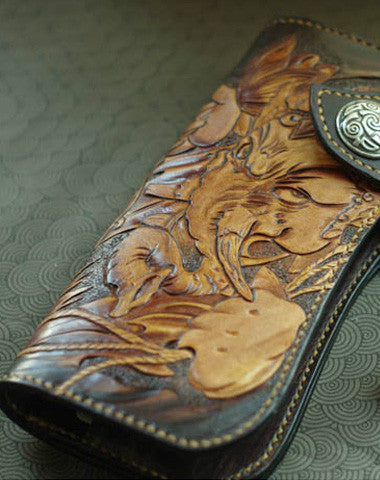 Handmade biker wallet vintage carved Ganesha&Cryprinus carpiod leather biker wallet for men - EverHandmade