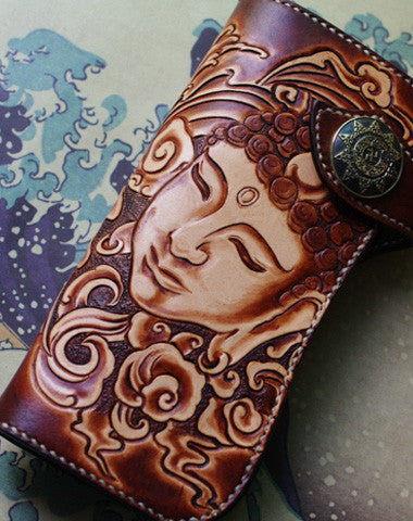 Handmade biker wallet vintage hand painting Sakyamuni leather biker wallet for men - EverHandmade