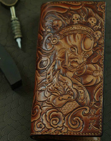 Handmade men wallet vintage hand painting god of law leather biker wallet for men