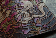 Handmade biker wallet vintage hand painting skull flower leather biker long wallet for men