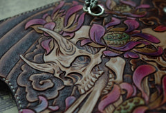 Handmade biker wallet vintage hand painting skull flower leather biker long wallet for men