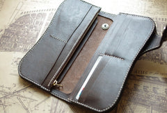 Handmade biker wallet vintage hand painting skull flower leather biker long wallet for men - EverHandmade