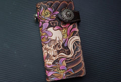 Handmade biker wallet vintage hand painting skull flower leather biker long wallet for men