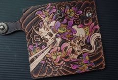 Handmade biker wallet vintage hand painting skull flower leather biker long wallet for men