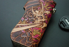 Handmade biker wallet vintage hand painting skull flower leather biker long wallet for men - EverHandmade