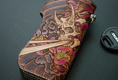 Handmade biker wallet vintage hand painting skull flower leather biker long wallet for men