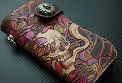 Handmade biker wallet vintage hand painting skull flower leather biker long wallet for men