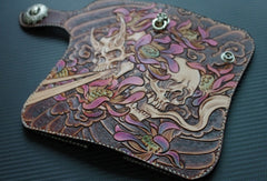 Handmade biker wallet vintage hand painting skull flower leather biker long wallet for men - EverHandmade