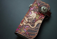 Handmade biker wallet vintage hand painting skull flower leather biker long wallet for men - EverHandmade