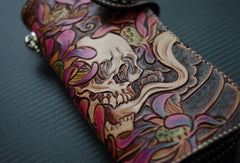 Handmade biker wallet vintage hand painting skull flower leather biker long wallet for men