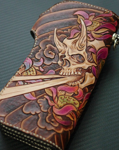 Handmade biker wallet vintage hand painting skull flower leather biker long wallet for men - EverHandmade