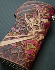 Handmade biker wallet vintage hand painting skull flower leather biker long wallet for men