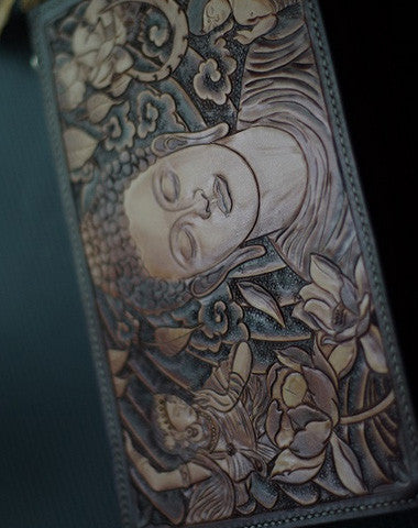 Handmade men clutch vintage hand painting carved Sakyamuni leather clutch bag for men - EverHandmade